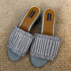 Blue Denim Slide Heels with Smocked Straps